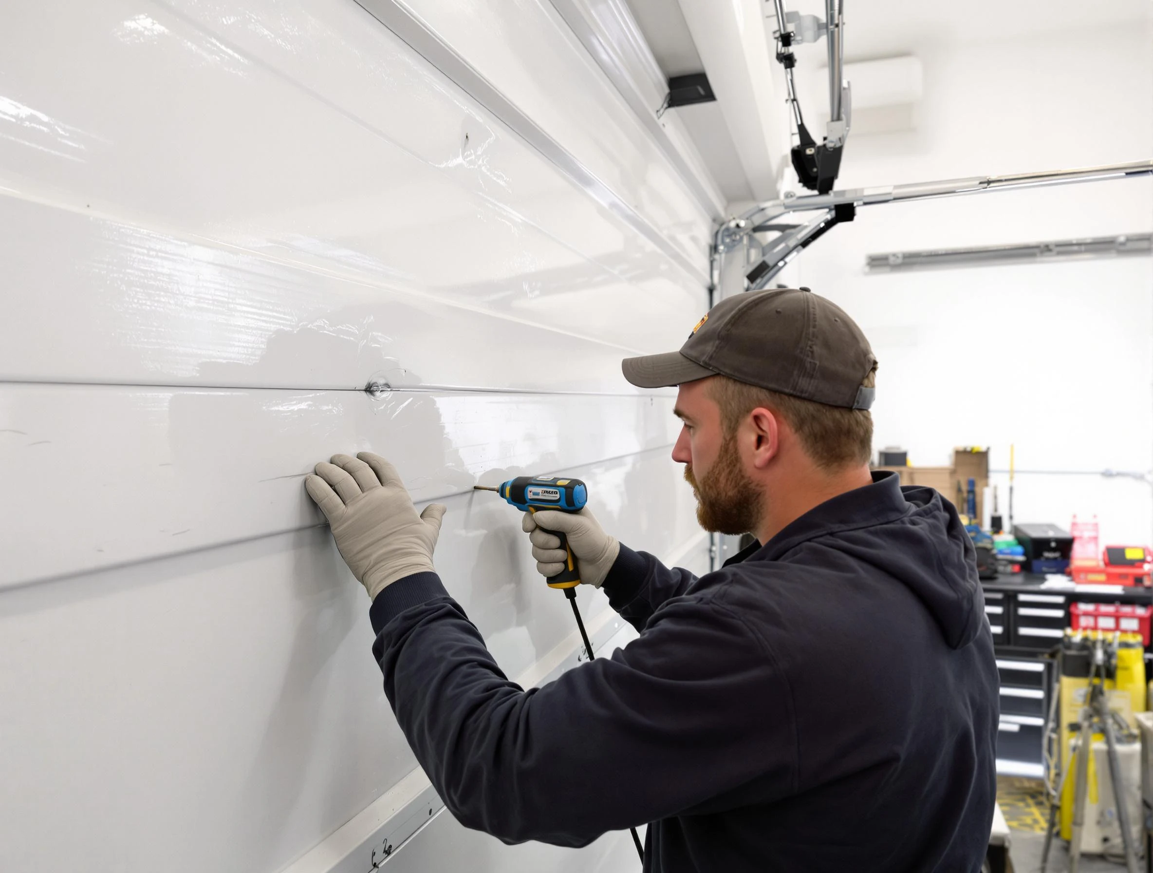 Edmond Garage Door Repair technician demonstrating precision dent removal techniques on a Edmond garage door
